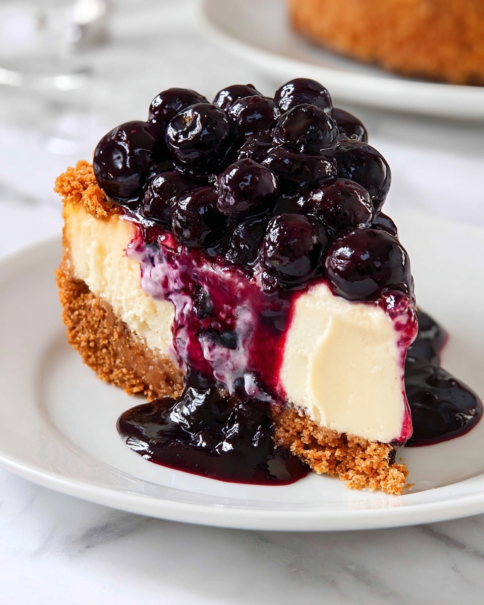 Blueberry Cheesecake with Fresh Blueberry Topping Recipe 6 Whole cheesecake on a white plate with a thick, golden graham cracker crust, generously topped with a glossy, vibrant blueberry compote that overflows with plump, juicy blueberries, perfectly smooth creamy filling visible around the edges, shot from a 3/4 angle on a pristine white marble surface under natural lighting, styled like a premium food magazine hero shot, photo taken with an iphone --ar 4:5 --v 7