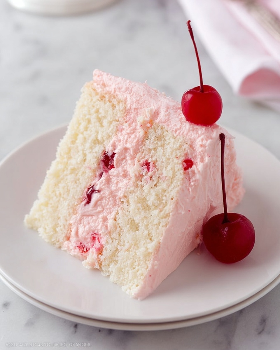 Whole two-layer white cake with thick smooth pink cherry frosting, decorated with whole maraschino cherries embedded on top and around the sides, displayed on a large white round plate, presented from a professional 3/4 angle shot showing the entire uncut cake, placed on a white marble background under natural lighting, styled as a hero food magazine photo taken with an iphone --ar 4:5 --v 7