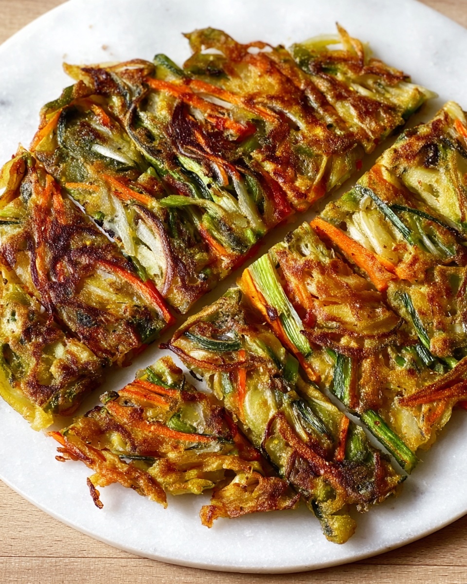 Korean Vegetable Pancakes (Yachaejeon) Recipe 6 Crispy golden Korean vegetable pancake (pajeon) whole and uncut on a large white serving platter, showcasing an inviting medley of vibrant green scallions, orange carrot strips, and translucent onions all bound in a perfectly fried batter, edges slightly crisp and textured, presented on a white marble surface with natural daylight highlighting the fresh colors and textures, professional food magazine hero shot photo taken with an iphone --ar 4:5 --v 7