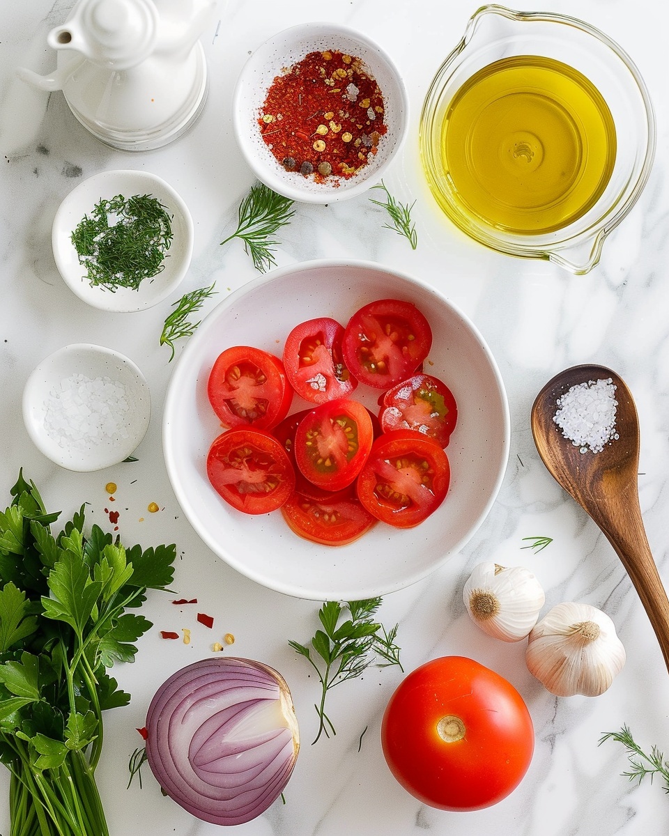 Single white plate displaying a neatly arranged portion of fresh tomato slices topped with finely chopped red onions, minced garlic, and vibrant green herbs drenched in a light, glossy vinaigrette, close-up angled shot highlighting the juicy interior textures of the tomato slices and the delicate herb garnish, placed on a clean white marble surface with natural lighting, styled as an intimate plated serving ready to eat, photo taken with an iphone --ar 4:5 --v 7