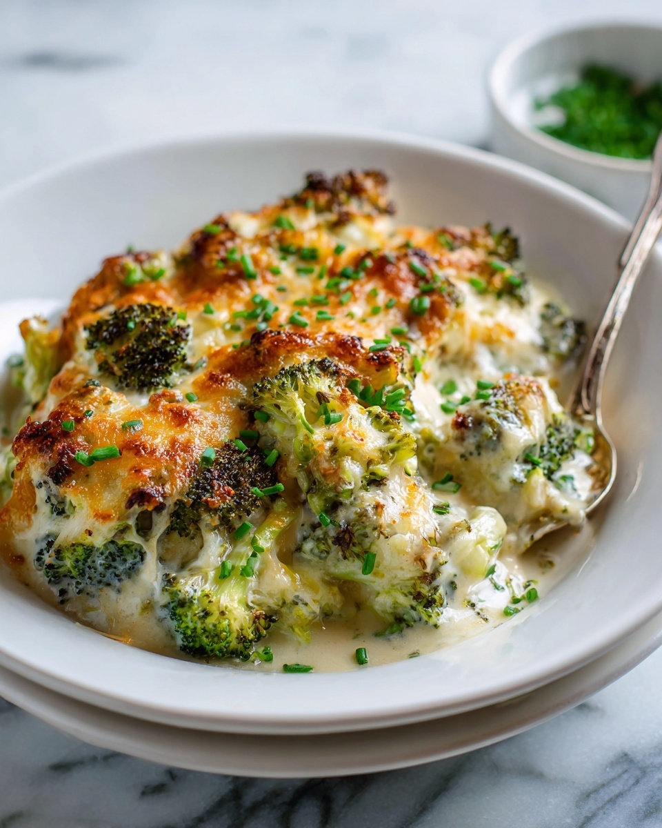 Cheesy Chicken Broccoli Rice Casserole Recipe 6 White rectangular ceramic baking dish filled with a creamy broccoli and cheese casserole, with golden browned melted cheese bubbling on top and sprinkled with fresh chopped chives, whole dish presented at a slight 3/4 angle on a white marble background, bathed in natural light, styled like a hero shot from a food magazine, photo taken with an iphone --ar 4:5 --v 7