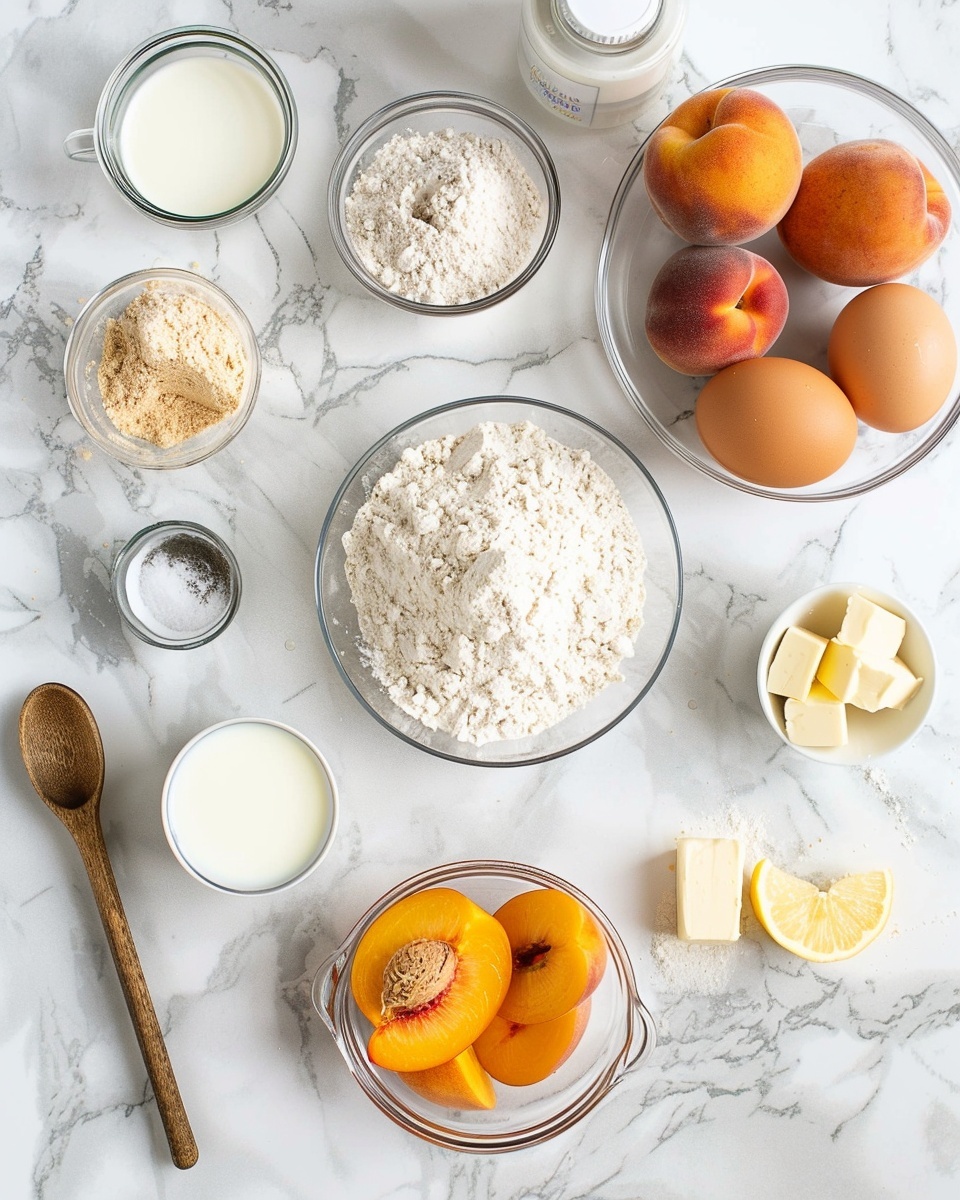 Peach Upside Down Mini Cakes Recipe 5 Single white plate with one served upside-down peach cake muffin split open to reveal its moist, tender crumb and juicy peach topping glistening with caramelized syrup, accompanied by a scoop of creamy vanilla ice cream and fresh peach slices, close-up angled view emphasizing the texture and warm hues of the cake and fruit, set on a white marble surface with natural lighting, styled like a food blog shot, photo taken with an iphone --ar 4:5 --v 7