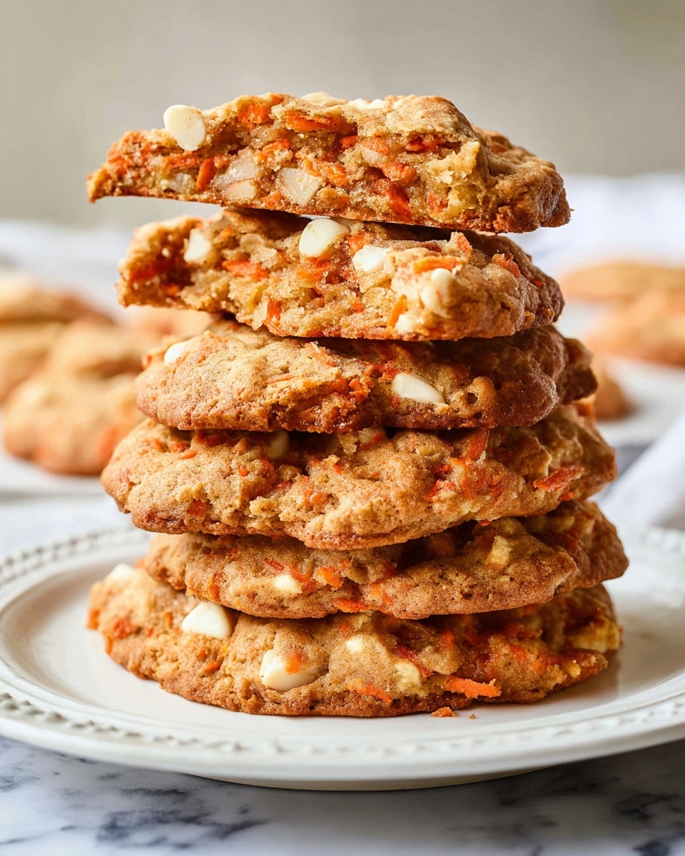 Large white platter filled with a whole stack of freshly baked carrot and white chocolate chip cookies, showing their chunky texture with visible bits of grated carrot and creamy white chocolate throughout, the set arranged neatly in a high stack, photographed from a 3/4 angle with a white marble background and natural lighting, styled as a hero shot for a food magazine, photo taken with an iphone --ar 4:5 --v 7