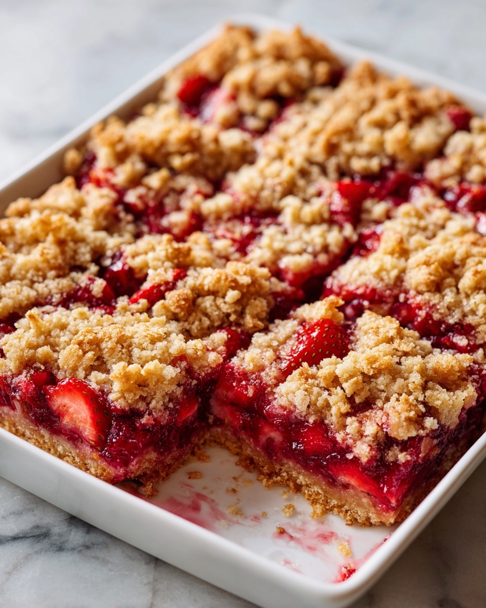 White rectangular baking pan filled with a whole freshly baked strawberry crumb bar, featuring a thick golden oat crumble topping layered over vibrant, glistening strawberry filling and a buttery crust base, edges slightly browned, the entire dessert presented on a white marble countertop with natural lighting, styled as a professional food magazine hero shot, photo taken with an iphone --ar 4:5 --v 7