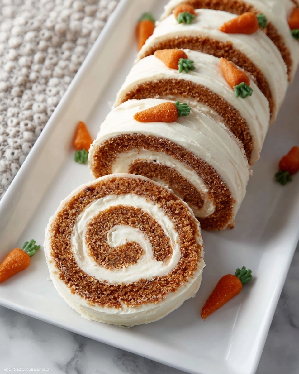 Whole uncut carrot roulade cake presented on a large white rectangular platter, showcasing the full spiral design of moist carrot cake layered with rich cream cheese frosting, beautifully decorated with a smooth outer coating of frosting and small carrot-shaped accents on top, styled with a professional overhead view on a white marble background with natural lighting, hero shot from a food magazine, photo taken with an iphone --ar 4:5 --v 7