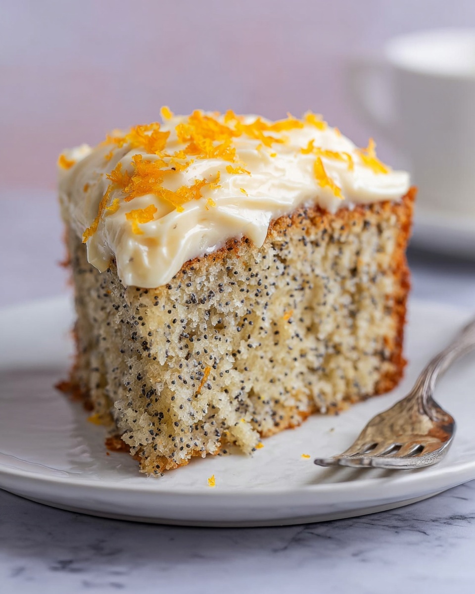 Orange and Poppy Seed Cake Recipe 6 Whole uncut carrot cake on a white plate, topped with smooth cream cheese frosting and evenly sprinkled with fresh orange zest, showcasing the moist textured cake beneath the thick layer of frosting, photographed from a 3/4 angle on a white marble countertop with natural lighting, professional food magazine hero shot photo taken with an iphone --ar 4:5 --v 7