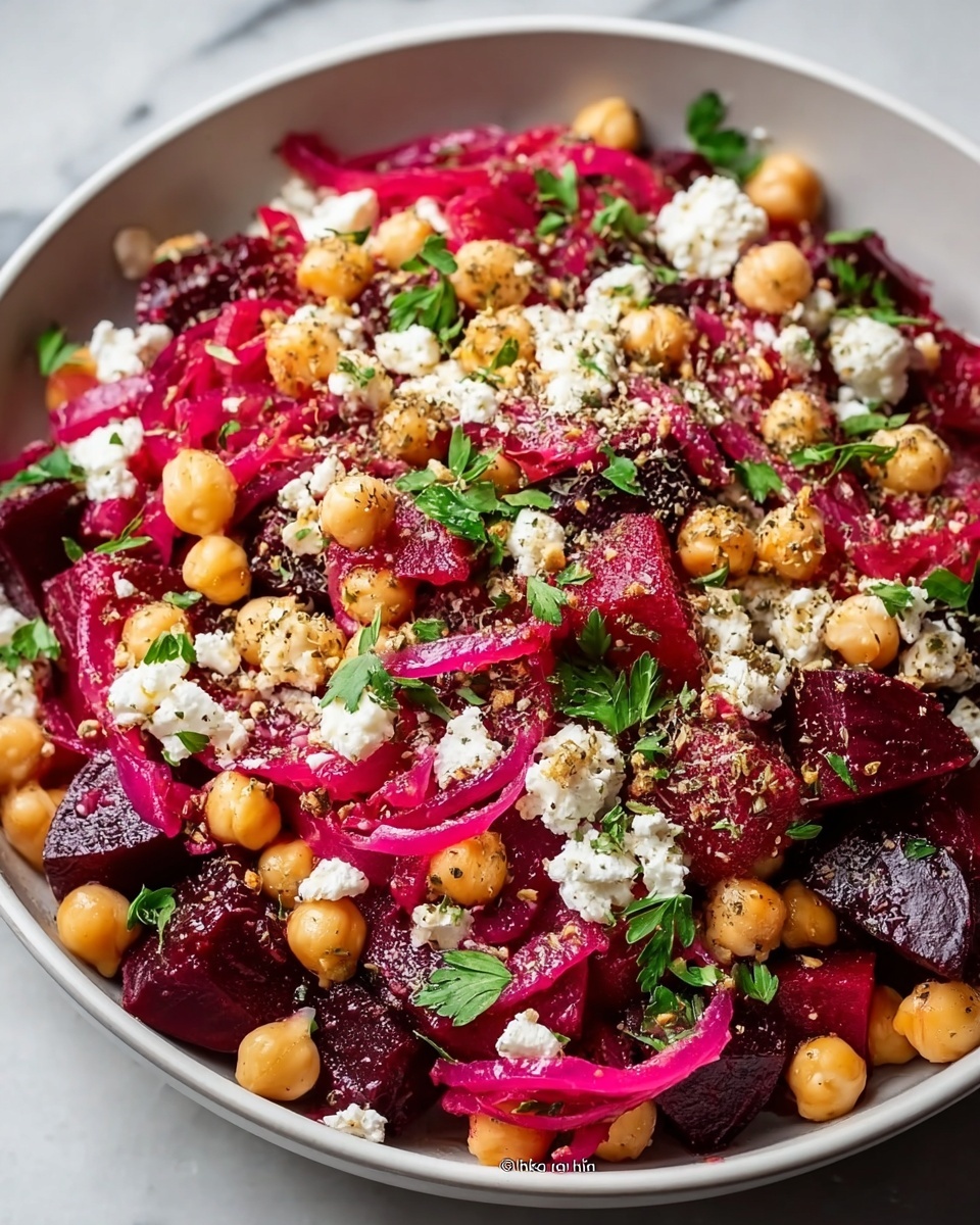 Large white bowl filled with a vibrant beet and chickpea salad, featuring chunky roasted beet pieces, whole golden chickpeas, crumbled creamy feta cheese, and thin slices of pickled red onions, all generously sprinkled with dried herbs and fresh green parsley leaves, displayed on a white marble countertop with natural lighting, captured in a professional 3/4 angle hero food shot, photo taken with an iphone --ar 4:5 --v 7