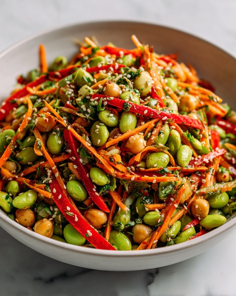 Large white bowl filled with vibrant edamame and chickpea salad, mixed with thin strips of bright red bell pepper and shredded carrot, all tossed with fresh herbs and sprinkled with sesame seeds for texture, showcasing the full, generous serving as a wholesome and colorful dish, photographed from a professional 3/4 angle on a white marble countertop with natural lighting, a hero shot fit for a food magazine cover, photo taken with an iphone --ar 4:5 --v 7