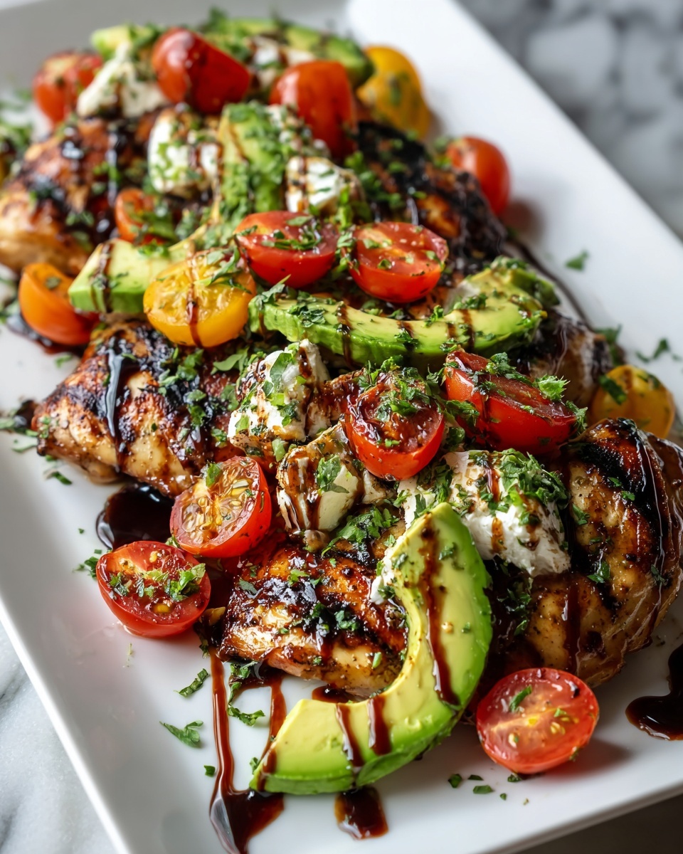 Large white rectangular platter showcasing a whole serving of perfectly grilled chicken thighs with charred marks, topped generously with fresh slices of ripe avocado, halved cherry tomatoes, and dollops of creamy cheese, drizzled with rich dark balsamic glaze and sprinkled with chopped fresh herbs, all presented in a professional 3/4 angle shot on a white marble countertop with natural lighting, styled as a vibrant hero shot from a gourmet food magazine, photo taken with an iphone --ar 4:5 --v 7