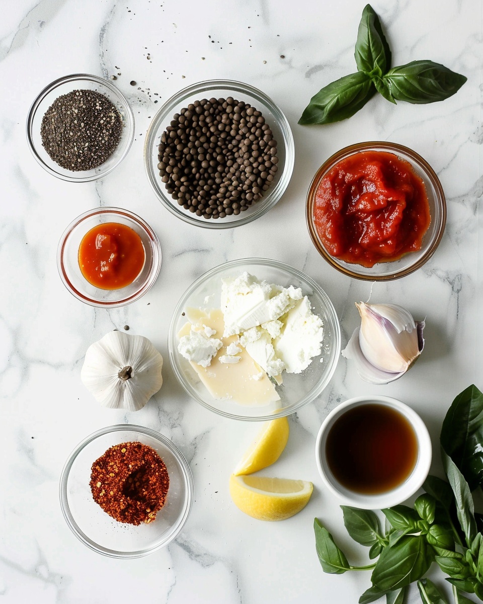 Single white bowl filled with a creamy lentil stew showing rich textures of tender lentils, chunks of sun-dried tomatoes, and fresh herbs swirled through the vibrant orange-tinted sauce, garnished with a fresh basil sprig and a lemon wedge on the side, placed on a white marble surface, close-up angled view emphasizing the hearty consistency and vibrant colors, natural lighting, styled for an intimate food blog serving photo taken with an iphone --ar 4:5 --v 7