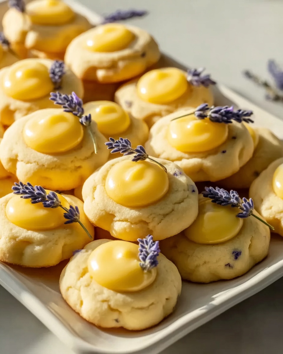 A large white rectangular platter filled with an abundant arrangement of lemon lavender cookies, each with a soft, golden exterior dotted with subtle flecks of lemon zest, topped with a smooth round dollop of glossy lemon curd, and garnished delicately with small sprigs of fresh lavender. The cookies are neatly piled together to showcase their uniform shape and decorative details, all photographed from a 3/4 angle on a white marble background with natural lighting, styled to capture the freshness and artisanal quality of the entire batch, photo taken with an iphone --ar 4:5 --v 7