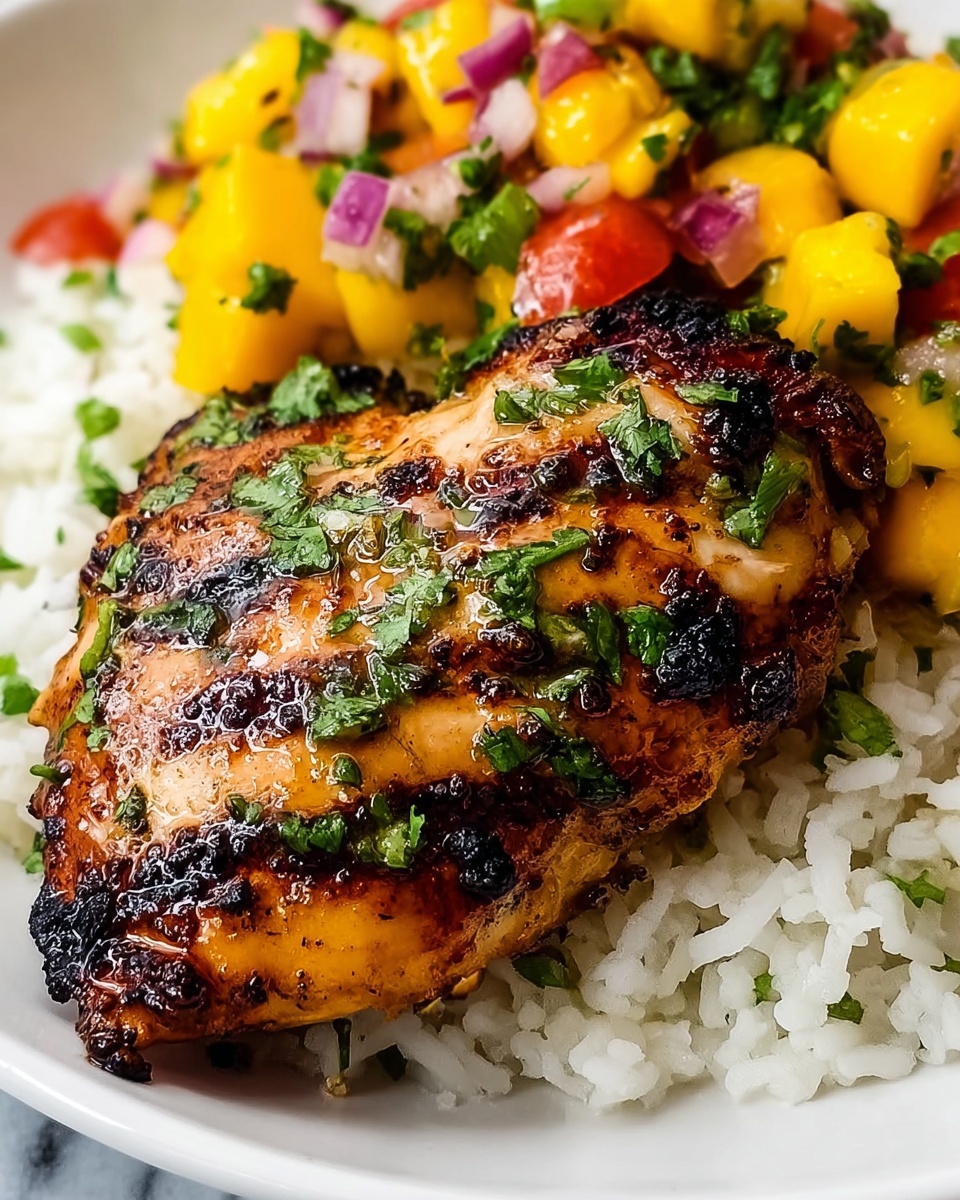 Large white oval serving platter with multiple perfectly grilled chicken portions displaying distinct char marks, arranged neatly over a bed of fluffy white rice, accompanied by vibrant mango salsa bursting with diced mango, red onion, red and green bell peppers, and fresh cilantro, the entire dish styled on a white marble countertop with natural lighting, professional food magazine hero shot, photo taken with an iphone --ar 4:5 --v 7