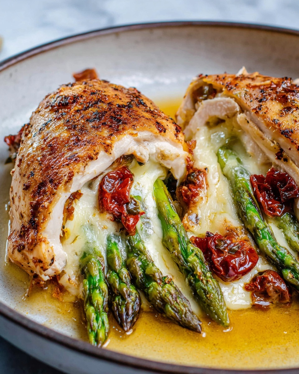 Large white ceramic baking dish filled with multiple golden-brown stuffed chicken breasts, each generously seasoned and baked, stuffed with melted cheese and fresh green asparagus spears peeking out, with savory juices and herbs caramelized around the edges, photographed from a 3/4 angle on a white marble countertop with natural lighting, professional food magazine hero shot photo taken with an iphone --ar 4:5 --v 7