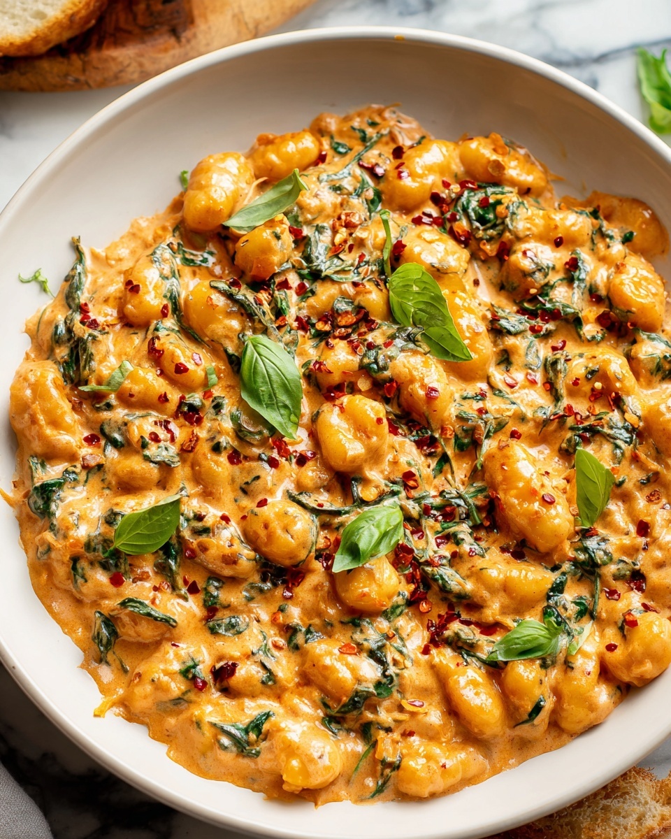 Large white skillet filled with creamy tomato-based pasta, featuring tender gnocchi in a rich, velvety sauce blended with spinach leaves and garnished with freshly chopped basil and whole basil leaves. The entire dish is shown in the pan with a golden serving spoon resting inside, surrounded by scattered chopped herbs and rustic bread pieces on a white marble countertop, illuminated with natural lighting for a professional food magazine hero shot, photo taken with an iphone --ar 4:5 --v 7