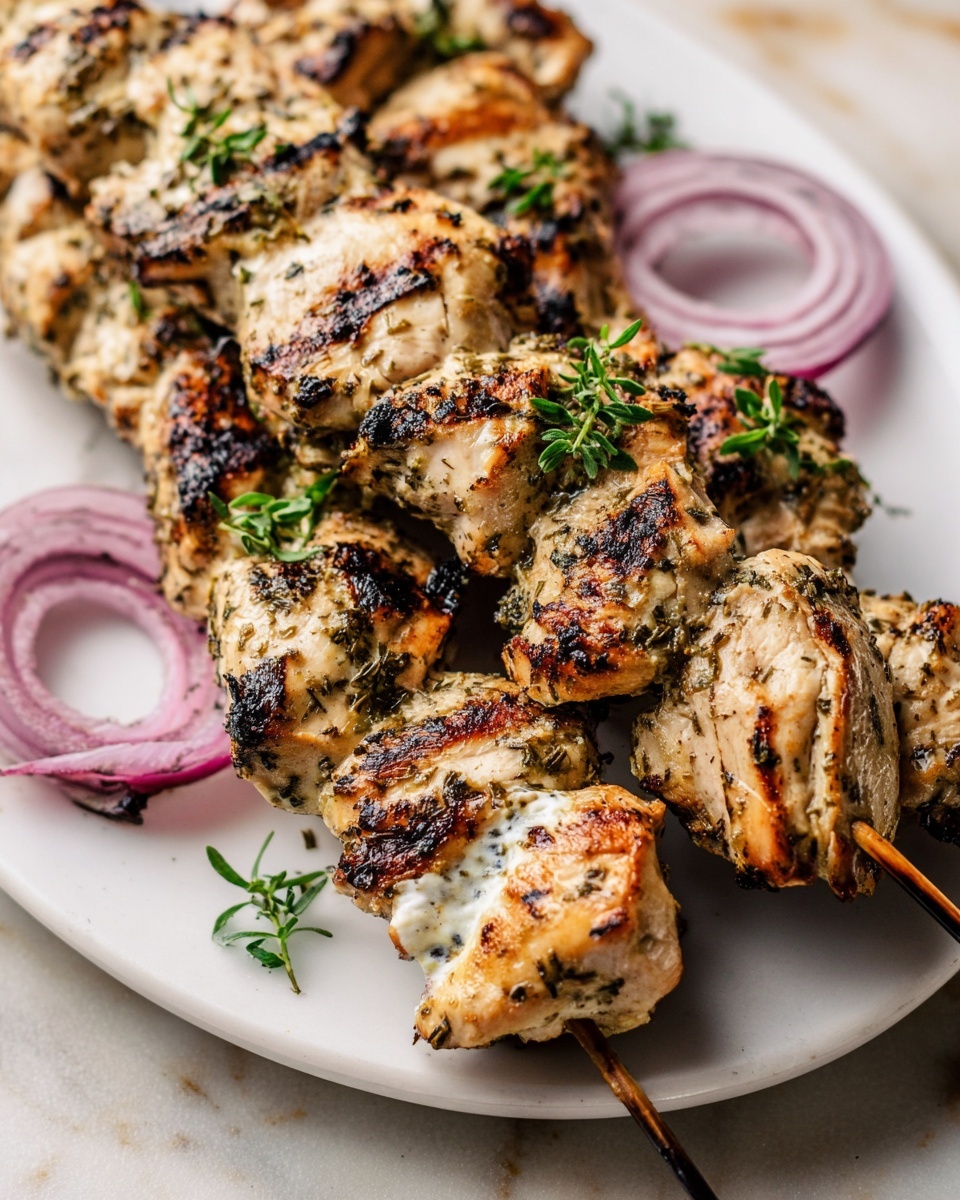 A large white rectangular platter filled with multiple metal skewers of juicy grilled chicken kebabs marinated in herbs and spices, perfectly charred with grill marks, garnished with fresh oregano sprigs and thin slices of red onion, accompanied by a small white bowl of creamy cucumber yogurt sauce, whole dish photographed from a 3/4 angle on a white marble countertop with natural lighting, professional food magazine hero shot photo taken with an iphone --ar 4:5 --v 7