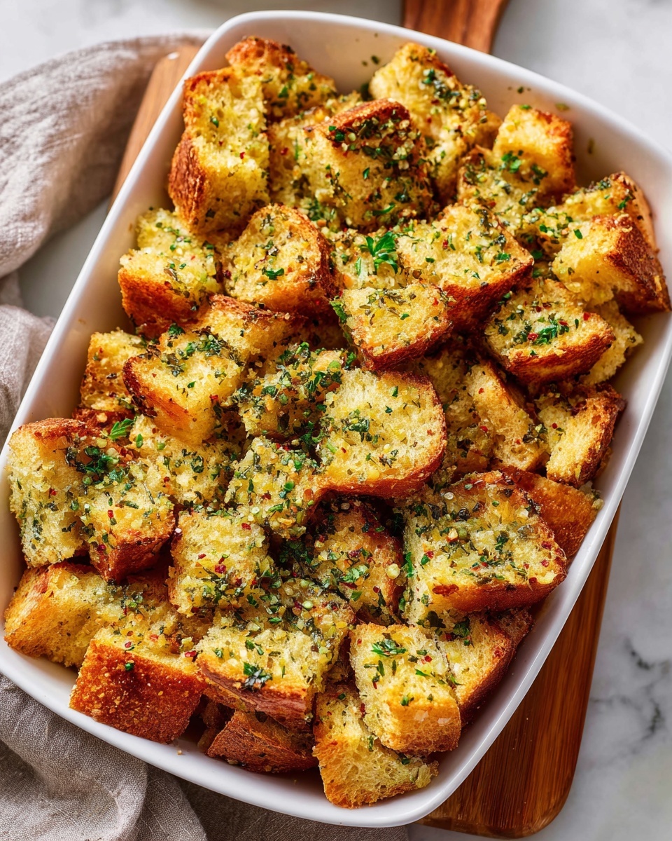 Large white rectangular baking dish filled with a golden-brown garlic bread casserole, topped with a generous layer of finely chopped herbs, melted butter, and crushed red pepper flakes, the entire casserole showing a crispy and inviting crust, photographed from a 3/4 angle on a white marble countertop under natural lighting, styled like a hero shot from a food magazine, photo taken with an iphone --ar 4:5 --v 7