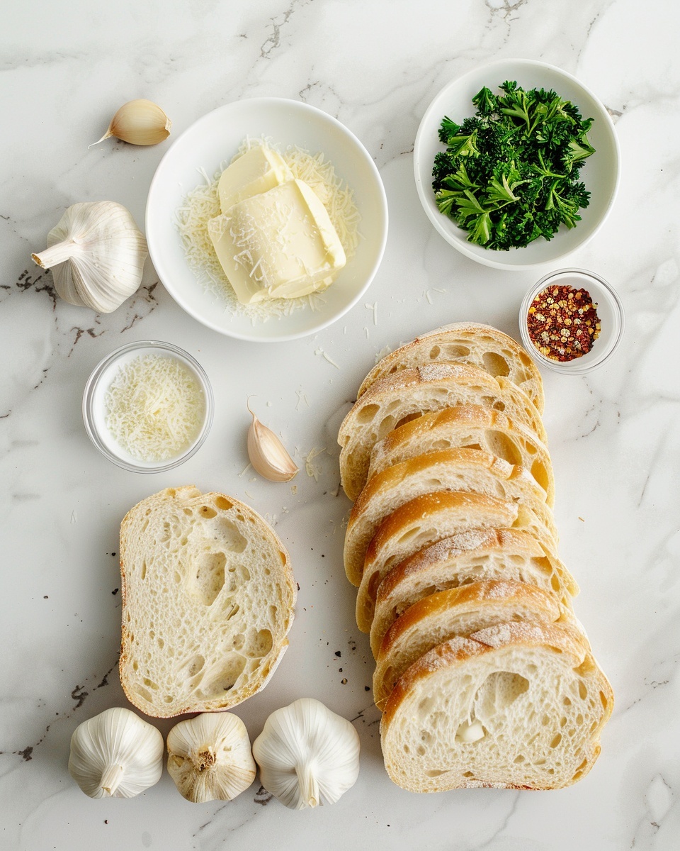 A single white plate holding one perfectly toasted slice of garlic bread, the crust golden and crisp with a visible layer of melted butter infused with finely chopped garlic, fresh parsley, and red pepper flakes spread evenly on top, the interior soft and airy with a slight sheen from the garlic butter, shot in natural light on a white marble surface, intimate close-up angle highlighting the texture and vibrant green herbs, styled like a food blog serving, photo taken with an iphone --ar 4:5 --v 7