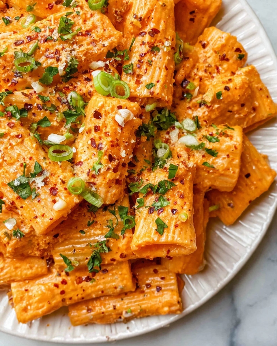 A large white scalloped ceramic serving dish filled with full rigatoni pasta smothered in a rich, creamy orange tomato sauce, garnished generously with finely chopped green onions, freshly ground black pepper, a sprinkle of grated cheese, and fresh herbs, the pasta pieces arranged neatly and showing a glossy, luscious coating of sauce, all presented on a white marble countertop with natural lighting highlighting the vibrant colors, styled as a professional food magazine hero shot, photo taken with an iphone --ar 4:5 --v 7