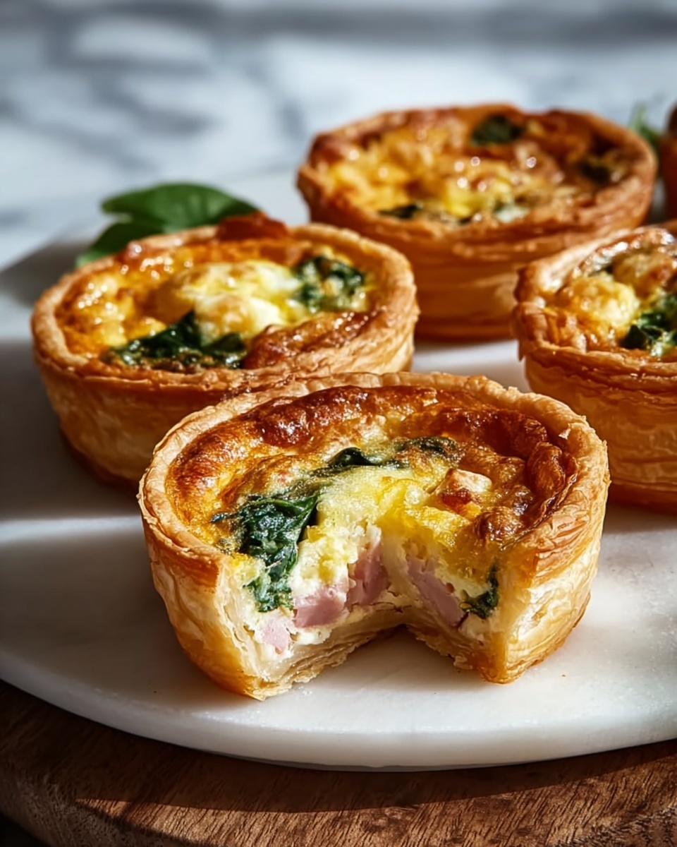 A large white serving platter showcasing a full batch of freshly baked mini quiches arranged neatly in rows, each golden puff pastry cup filled with a vibrant mixture of creamy eggs, diced ham, and bright green spinach, the crusts perfectly flaky and lightly browned around the edges, capturing the warm, inviting texture and colors of the whole set, photographed from a 3/4 angle on a white marble background with natural lighting, resembling a professional food magazine hero shot, photo taken with an iphone --ar 4:5 --v 7