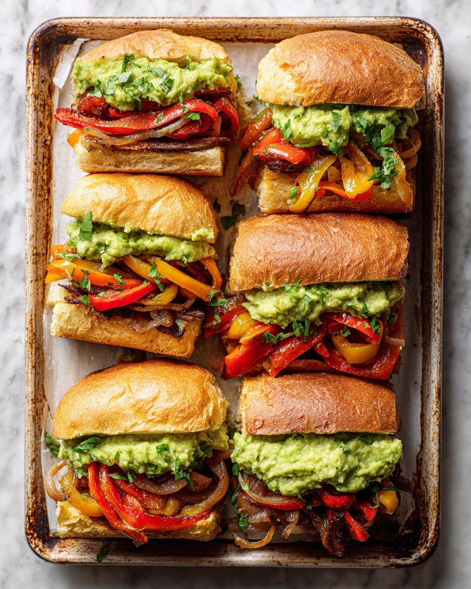 Full white rectangular baking sheet piled with four golden toasted sandwich buns, each layered generously with sautéed red bell peppers, caramelized onions, and a vibrant scoop of fresh guacamole, slightly overflowing, arranged neatly on a rustic white marble countertop with natural light highlighting the textures, professional food styling, whole dish in frame, photo taken with an iphone --ar 4:5 --v 7