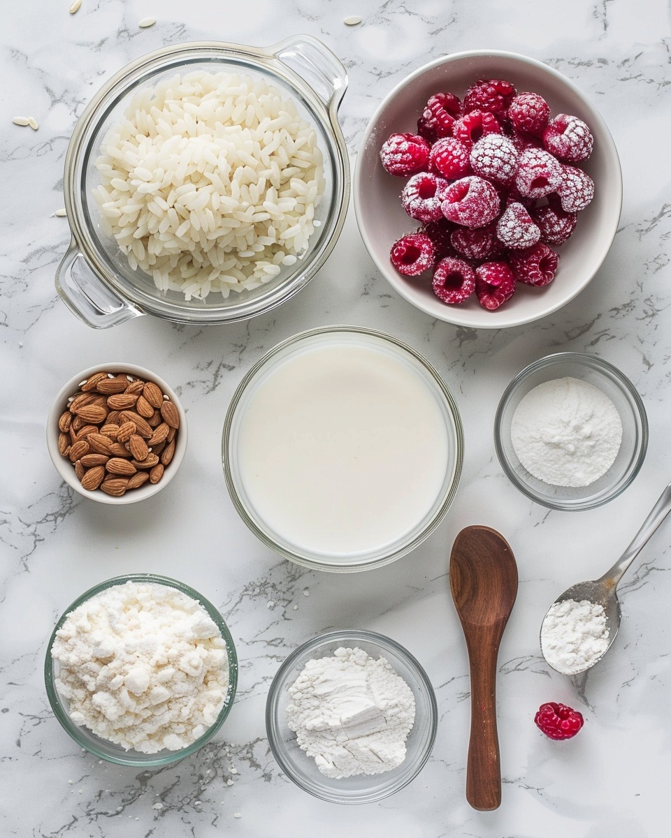 Single white bowl with a creamy serving of rice pudding topped with a swirl of vibrant red raspberry sauce, garnished with fresh whole raspberries, a single almond, and a small sprig of fresh mint, close-up angled shot highlighting the smooth texture of the pudding and the glossy sauce, placed on a white marble surface with natural lighting, styled as an intimate plated serving from a food blog, photo taken with an iphone --ar 4:5 --v 7