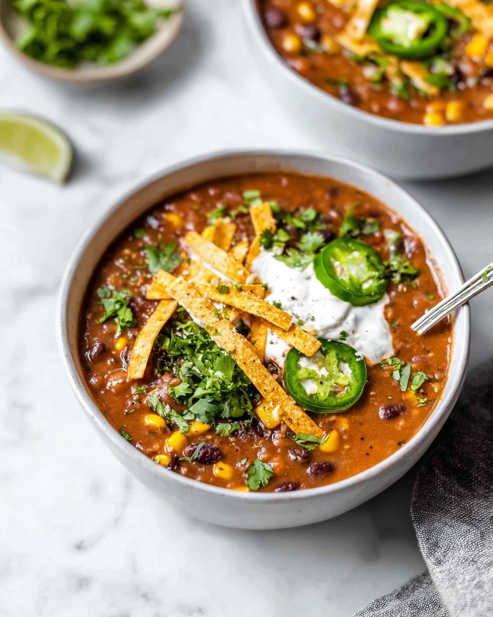 Large white ceramic bowl filled with thick, creamy tortilla soup rich with black beans, corn, and tomato base, topped generously with crispy golden tortilla strips, fresh sour cream dollops, vibrant sliced jalapenos, and chopped cilantro, surrounding multiple bowls arranged on a white marble countertop, photographed in natural light with a professional 3/4 angle, showcasing the entire dish in frame, like a hero shot from a food magazine, photo taken with an iphone --ar 4:5 --v 7