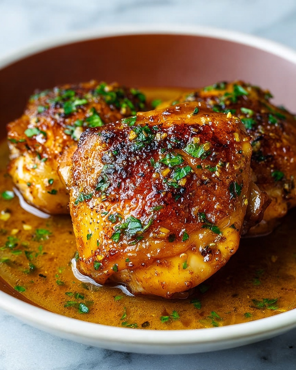 White oval baking dish filled with a complete batch of golden-brown roasted chicken thighs simmered in a rich, glossy garlic and herb sauce, garnished with finely chopped fresh parsley, the succulence and caramelization of the skin vividly captured, whole dish elegantly presented on a white marble surface under natural lighting, professional 3/4 angle food magazine hero shot photo taken with an iphone --ar 4:5 --v 7