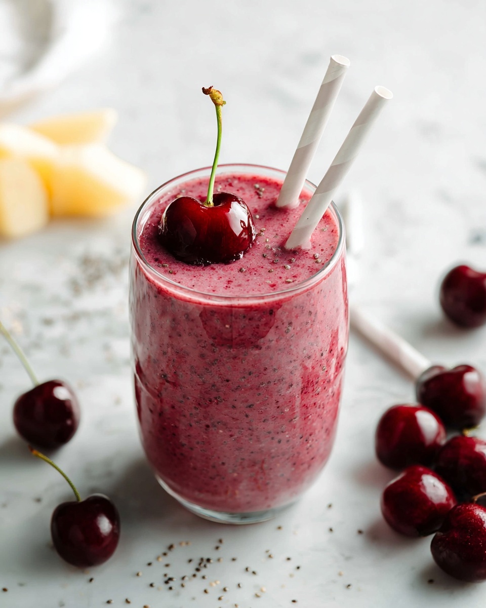 Tall white glass filled with a rich and creamy cherry smoothie, perfectly blended with visible specks of chia seeds throughout, topped with a whole deep red cherry with a long green stem resting on the surface, multiple white straws beside the glass hinting at shared servings, all placed on a pristine white marble countertop with scattered chia seeds and fresh cherries around, natural lighting enhances the vibrant pink and deep red hues, professional hero food shot photo taken with an iphone --ar 4:5 --v 7