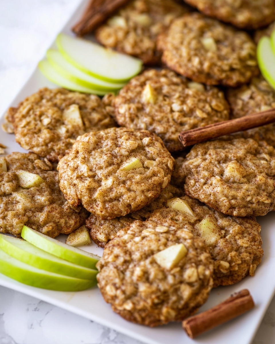 A large white rectangular platter filled with an abundant arrangement of freshly baked oatmeal apple cookies studded with chunks of apple and speckled with cinnamon, the cookies showcasing a rustic texture with visible oats and golden brown baked edges, scattered cinnamon sticks and thin slices of green apple adding natural decoration, photographed from a 3/4 angle with natural lighting on a white marble surface, styled professionally as a magazine hero shot, photo taken with an iphone --ar 4:5 --v 7