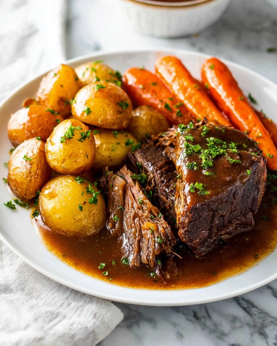 Large black slow cooker filled with a whole pot roast surrounded by whole baby red potatoes and large carrot chunks, all simmering in rich, glossy brown gravy, garnished with fresh chopped parsley, presented as a complete dish captured from a 3/4 angle on a white marble background with natural lighting, professional food magazine hero shot, photo taken with an iphone --ar 4:5 --v 7