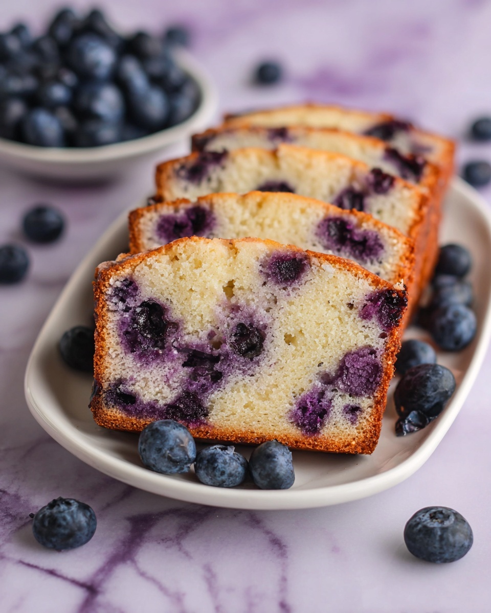 Whole blueberry pound cake loaf, golden brown crust with visible fresh blueberries baked inside, presented in a white rectangular loaf pan, with scattered fresh blueberries around the pan on a white marble countertop, natural lighting emphasizing the moist texture and vibrant blueberries, professional food magazine hero shot taken with an iphone --ar 4:5 --v 7