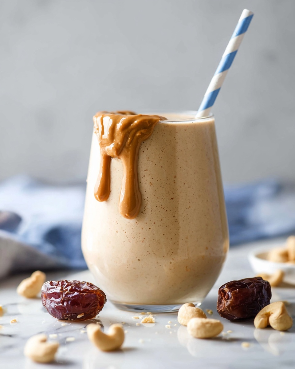 Large white serving bowl fully filled with creamy cashew and date smoothie, smooth texture with natural cinnamon sprinkled on top, garnished with whole cashews and pitted dates around the bowl on white marble surface, professional 3/4 angle food magazine style photo taken with an iphone --ar 4:5 --v 7