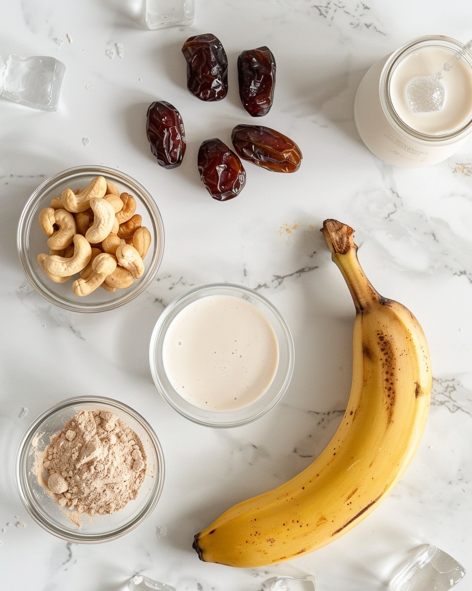 Single white glass filled with a creamy, thick peanut butter and date smoothie, with a generous dollop of peanut butter dripping down the side, a blue and white striped paper straw inserted, surrounded by scattered whole cashews and dates on a white marble surface, close-up angled view emphasizing the rich texture and natural color flecks in the smoothie, styled as a plated serving from a food blog, natural lighting, photo taken with an iphone --ar 4:5 --v 7