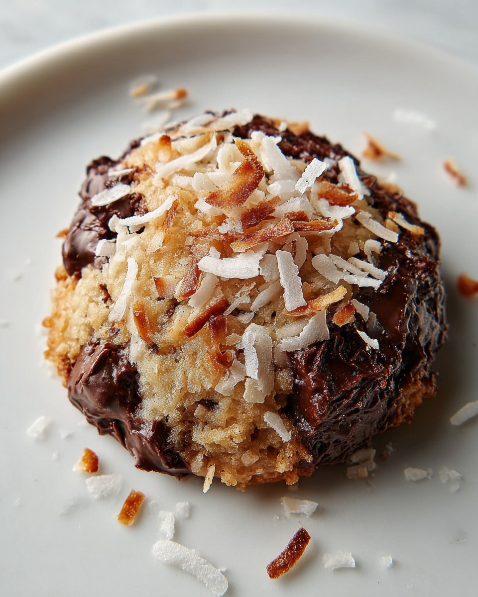 Large white serving platter beautifully arranged with a full batch of rich chocolate cookies topped generously with toasted coconut flakes, each cookie dense and studded with chocolate chunks, capturing the contrast of dark chocolate and golden-brown toasted coconut, whole dish presented from a 3/4 angle on a white marble countertop in natural lighting, styled like a food magazine hero shot, photo taken with an iphone --ar 4:5 --v 7