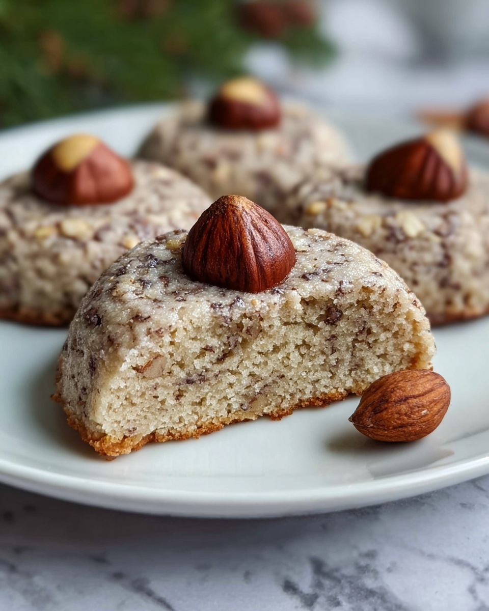 Large white round serving plate filled with an entire batch of soft, round hazelnut cookies, each topped with a whole hazelnut, arranged neatly and freshly baked with a slightly cracked surface showing the nutty texture inside, placed on a white marble background. The setting includes festive elements like pine cones, dried orange slices, and red Christmas ornaments softly blurred in the background, natural lighting highlighting the warm tones and rustic appearance of the cookies, professional food styling photo taken with an iphone --ar 4:5 --v 7