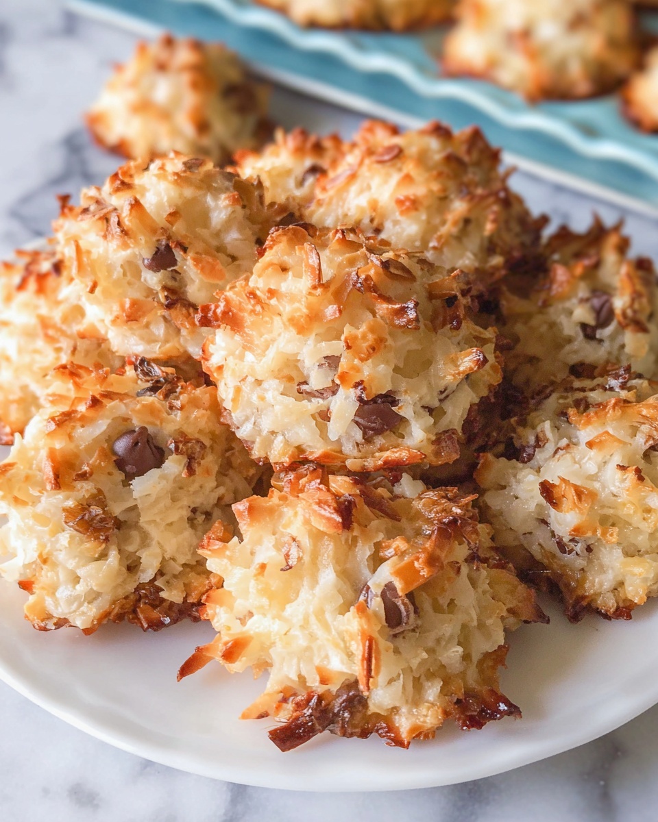 Large white ornate plate piled high with whole coconut macaroon cookies studded generously with semi-sweet chocolate chips and lightly toasted coconut flakes, showcasing a golden-brown, textured exterior, surrounded by additional cookies and a clear bowl of chocolate chips in soft natural lighting on a white marble surface, professional 3/4 angle food magazine hero shot photo taken with an iphone --ar 4:5 --v 7