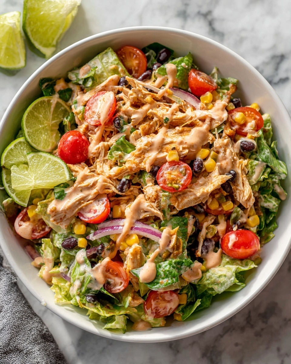 Large white serving bowl filled with a vibrant chicken taco salad, featuring shredded chicken, crisp romaine lettuce, halved cherry tomatoes, sliced red onions, black beans, corn kernels, shredded cheese, and crunchy tortilla strips, garnished with fresh lime wedges on the side. Two small white ramekins accompany the salad, one filled with whole cherry tomatoes and the other with extra crispy tortilla strips. The whole dish is styled on a white marble countertop with natural lighting, captured in a professional 3/4 angle hero shot from a food magazine, photo taken with an iphone --ar 4:5 --v 7