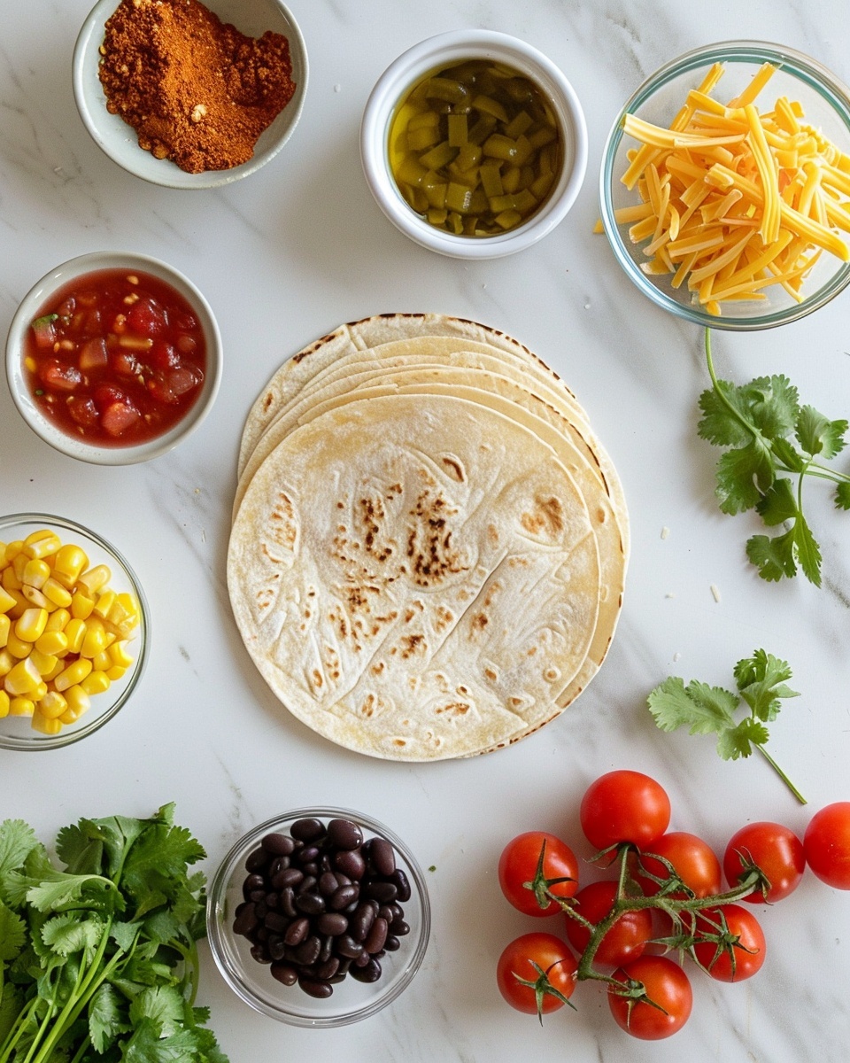 Mexican Rotisserie Chicken Tostadas Recipe 5 Single white plate with one crispy tostada topped with seasoned shredded chicken, melted cheddar and mozzarella cheese, black beans, sweet corn kernels, halved cherry tomatoes, and fresh cilantro leaves, close-up angle highlighting the layers of ingredients and the melted cheese texture, natural lighting on white marble surface, intimate plated serving photo taken with an iphone --ar 4:5 --v 7