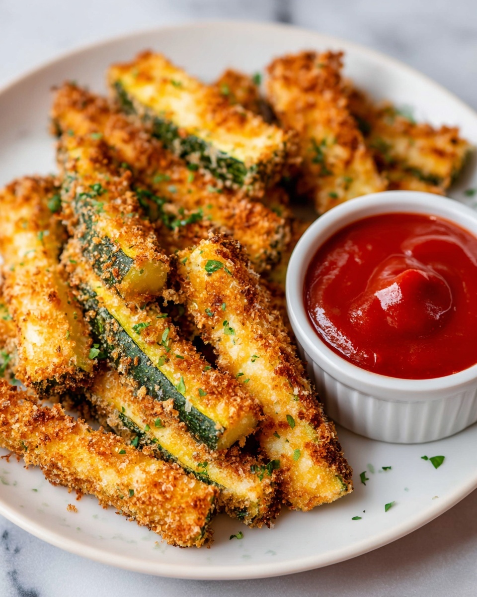 Large white plate heaped with golden, crispy baked zucchini fries coated in a crunchy, seasoned breadcrumb crust, garnished with finely chopped fresh herbs, accompanied by a small white bowl filled with glossy red ketchup, arranged on a white marble countertop with natural lighting, professional food styling, whole dish photographed from a 3/4 angle photo taken with an iphone --ar 4:5 --v 7
