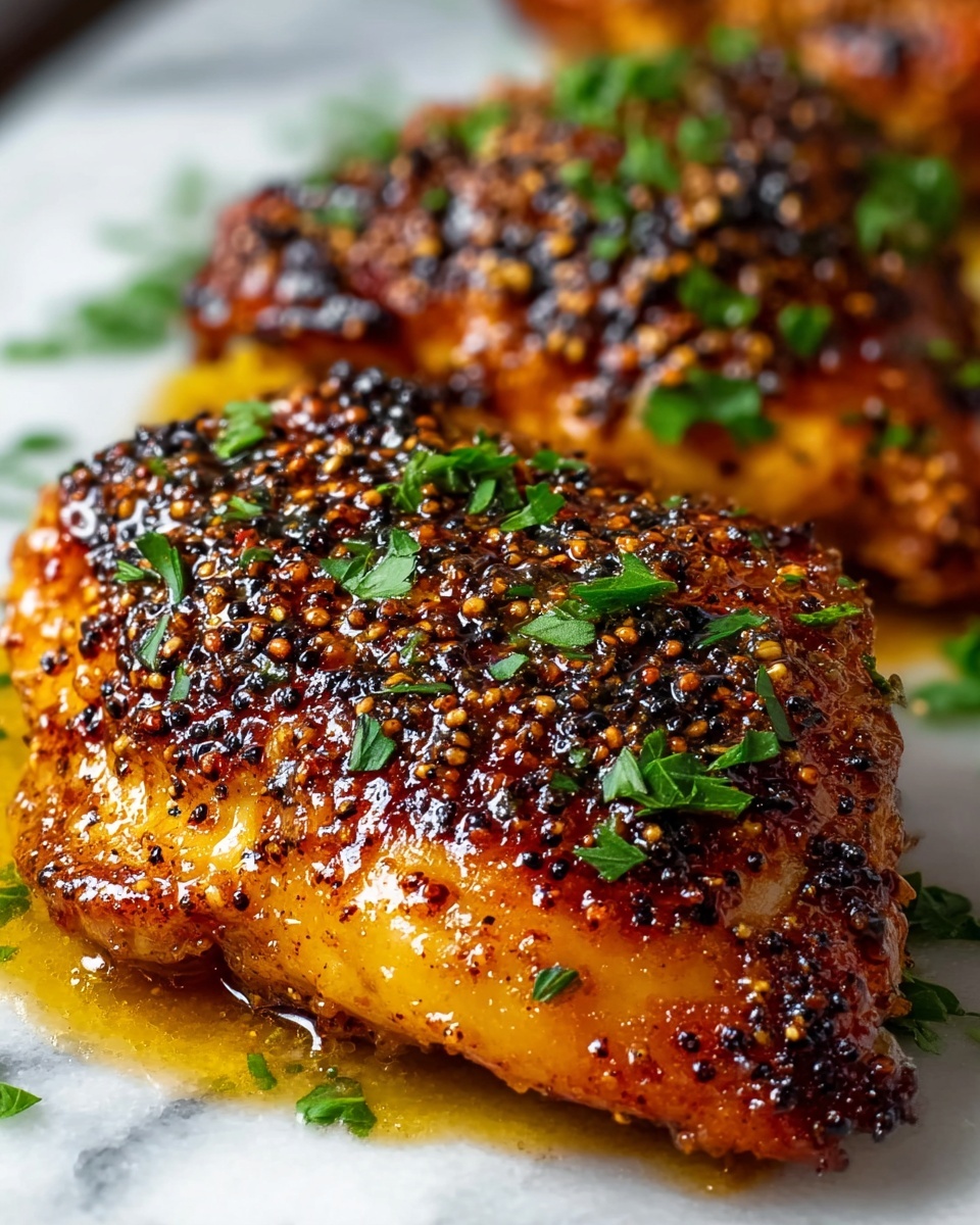 Large white rectangular platter showcasing three whole grilled chicken breasts evenly glazed with a glossy mustard seed sauce, garnished generously with finely chopped fresh parsley, accompanied by two vibrant lemon halves on the side, whole dish captured from a slight 3/4 angle on a white marble surface with natural lighting, styled as a hero shot from a food magazine, photo taken with an iphone --ar 4:5 --v 7