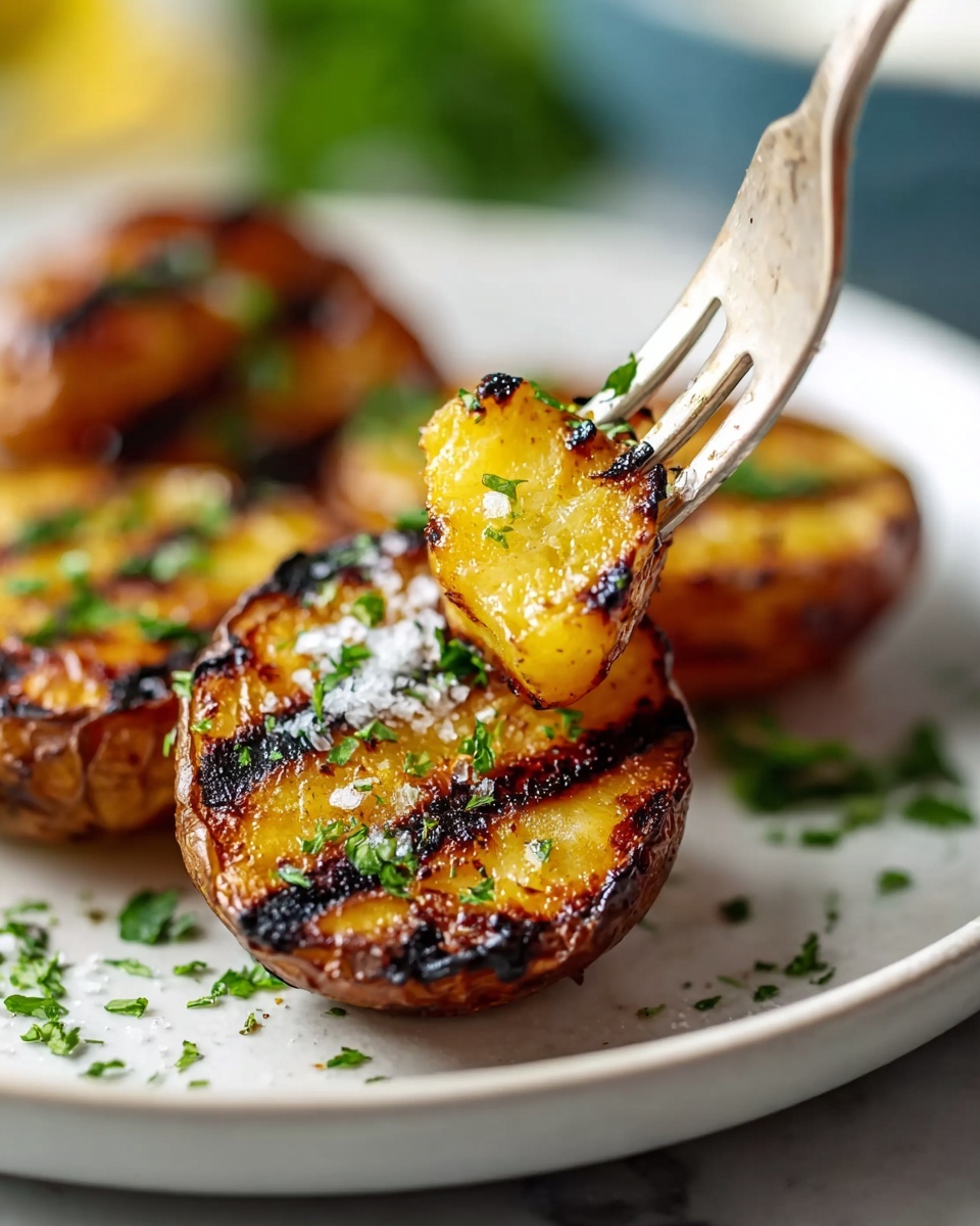 Large white serving platter heaped with whole baby red potatoes, grilled to perfection with crisp char marks on their golden cut sides, generously sprinkled with fresh chopped parsley, accompanied by a small white ramekin filled with creamy herb-infused dipping sauce, all presented on a white marble countertop with natural lighting, styled as a professional food magazine hero shot photo taken with an iphone --ar 4:5 --v 7