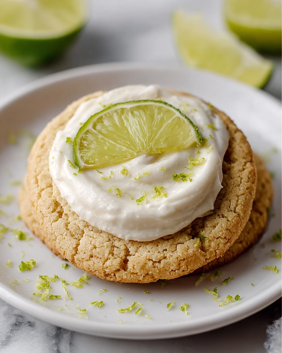 Zesty Key Lime Pie Cookies Recipe 6 White round plate filled with a full batch of freshly baked lime cookies, each topped with smooth white icing, a sprinkle of finely grated lime zest, and a small wedge of lime for decoration, cookies arranged neatly to showcase their soft texture and vibrant topping, photographed from a 3/4 angle on a white marble background with natural lighting, professional food magazine hero shot, photo taken with an iphone --ar 4:5 --v 7