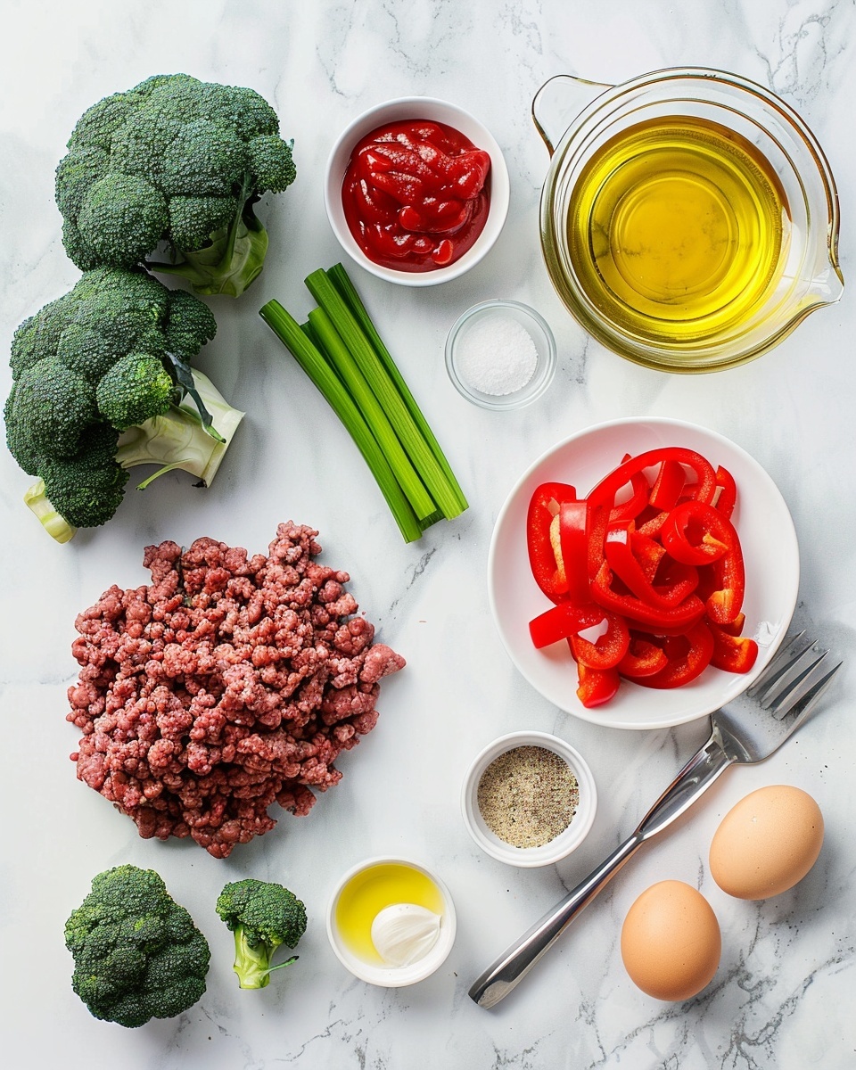Single white bowl presenting a close-up view of one generous serving of ground beef with charred broccoli florets, roasted Brussels sprouts, and red bell pepper strips, all topped with a creamy orange sauce artistically drizzled across the top, showcasing the textures of the tender meat and vibrant vegetables, placed on a white marble surface with natural lighting, styled like a food blog intimate plated serving photo taken with an iphone --ar 4:5 --v 7