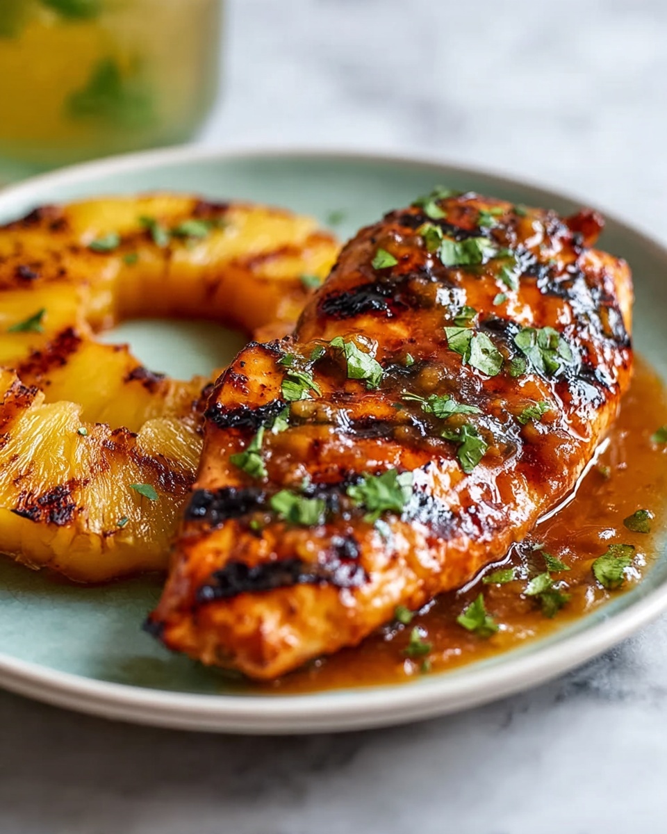 Large white oval platter showcasing a full serving of grilled chicken thighs marinated in a rich smoky glaze, perfectly charred with distinct grill marks, arranged neatly with several golden grilled pineapple rings on top, garnished with fresh chopped cilantro leaves for a burst of color and freshness, set on a white marble countertop with natural lighting highlighting the juicy texture and caramelized edges, professional food styling photo taken with an iphone --ar 4:5 --v 7