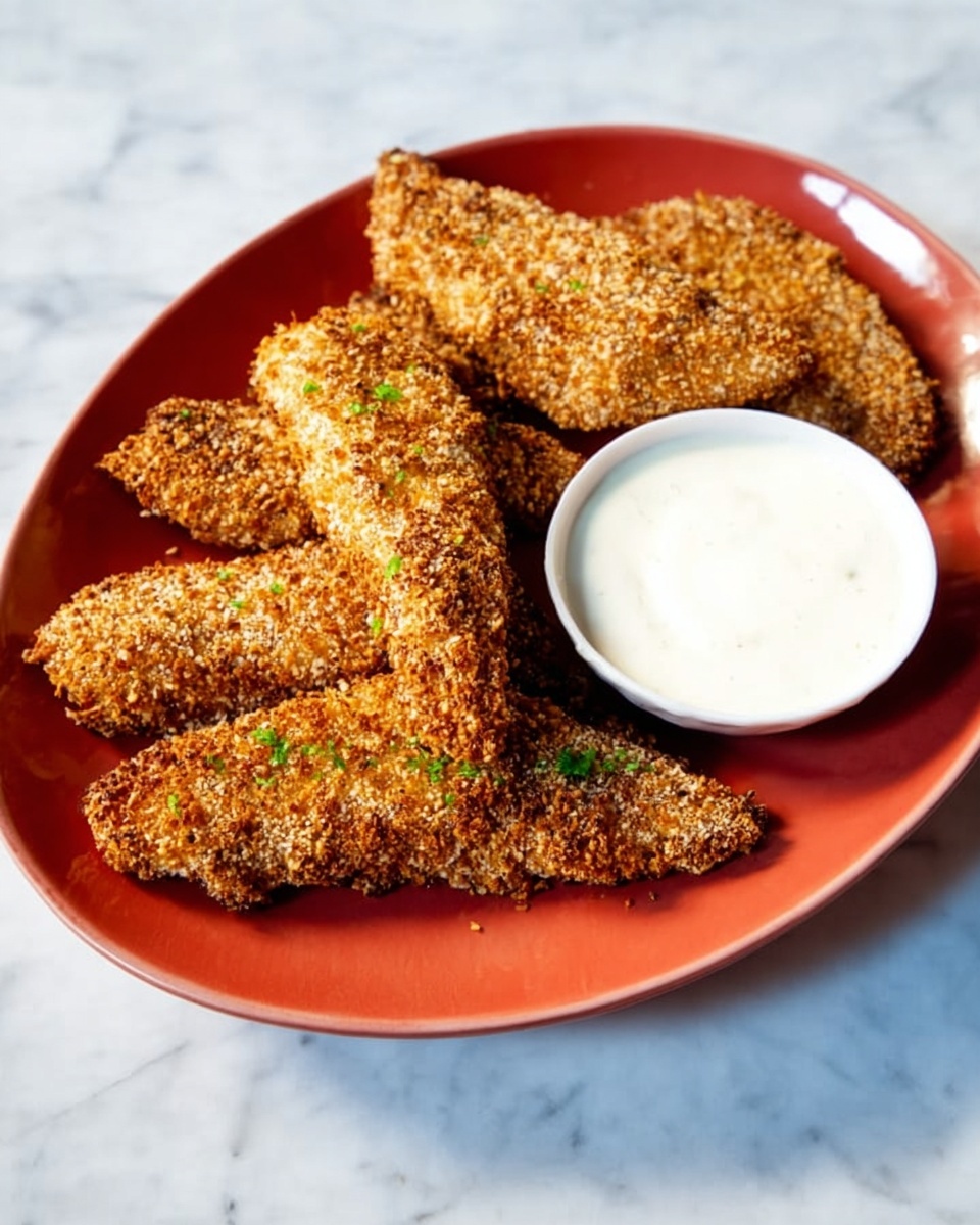 Large white oval platter beautifully arranged with several whole crispy baked chicken tenders coated in a golden, textured seasoned breadcrumb crust, accompanied by a small white bowl of creamy dipping sauce placed beside them, the entire dish presented on a white marble countertop with natural lighting capturing the inviting crunch and warm tones, professional 3/4 angle food magazine style photo taken with an iphone --ar 4:5 --v 7