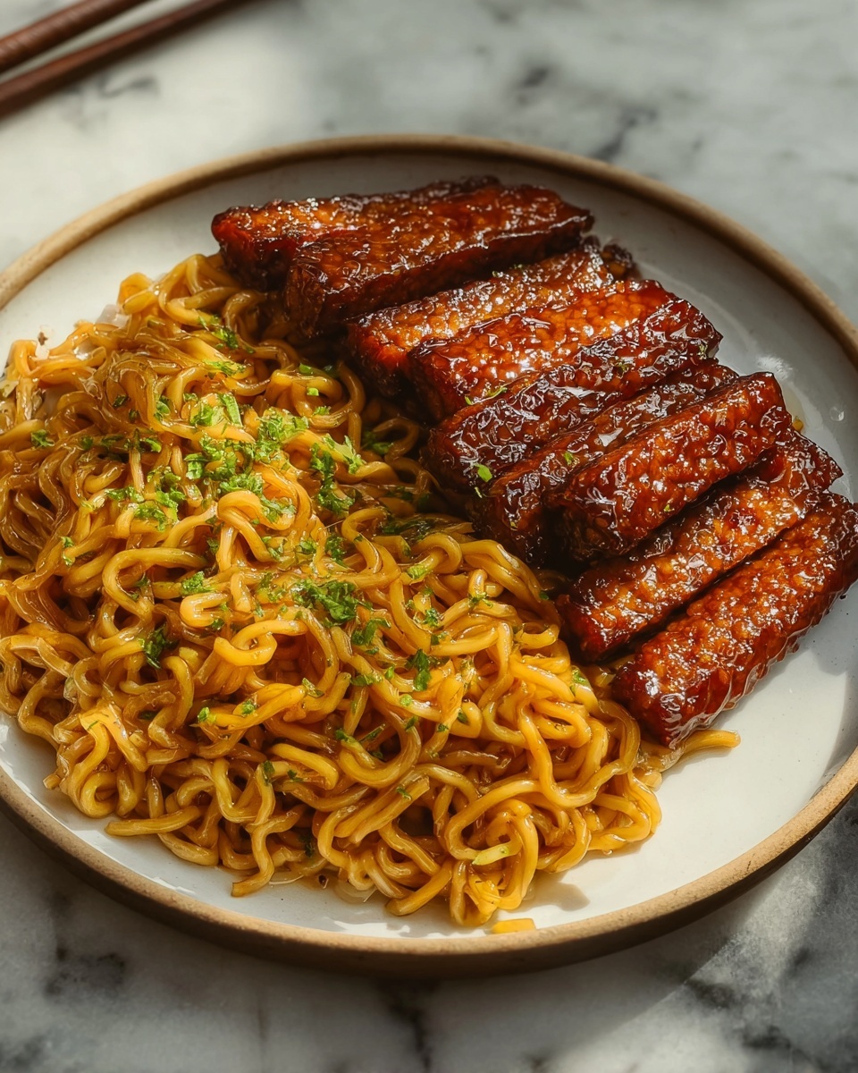 Large white oval platter heaped with glossy, richly glazed tempeh slices arranged neatly alongside a generous serving of golden, perfectly cooked seasoned noodles, garnished with finely chopped fresh chives, shot from a 3/4 angle on a white marble countertop with natural lighting, styled for a food magazine hero shot, photo taken with an iphone --ar 4:5 --v 7