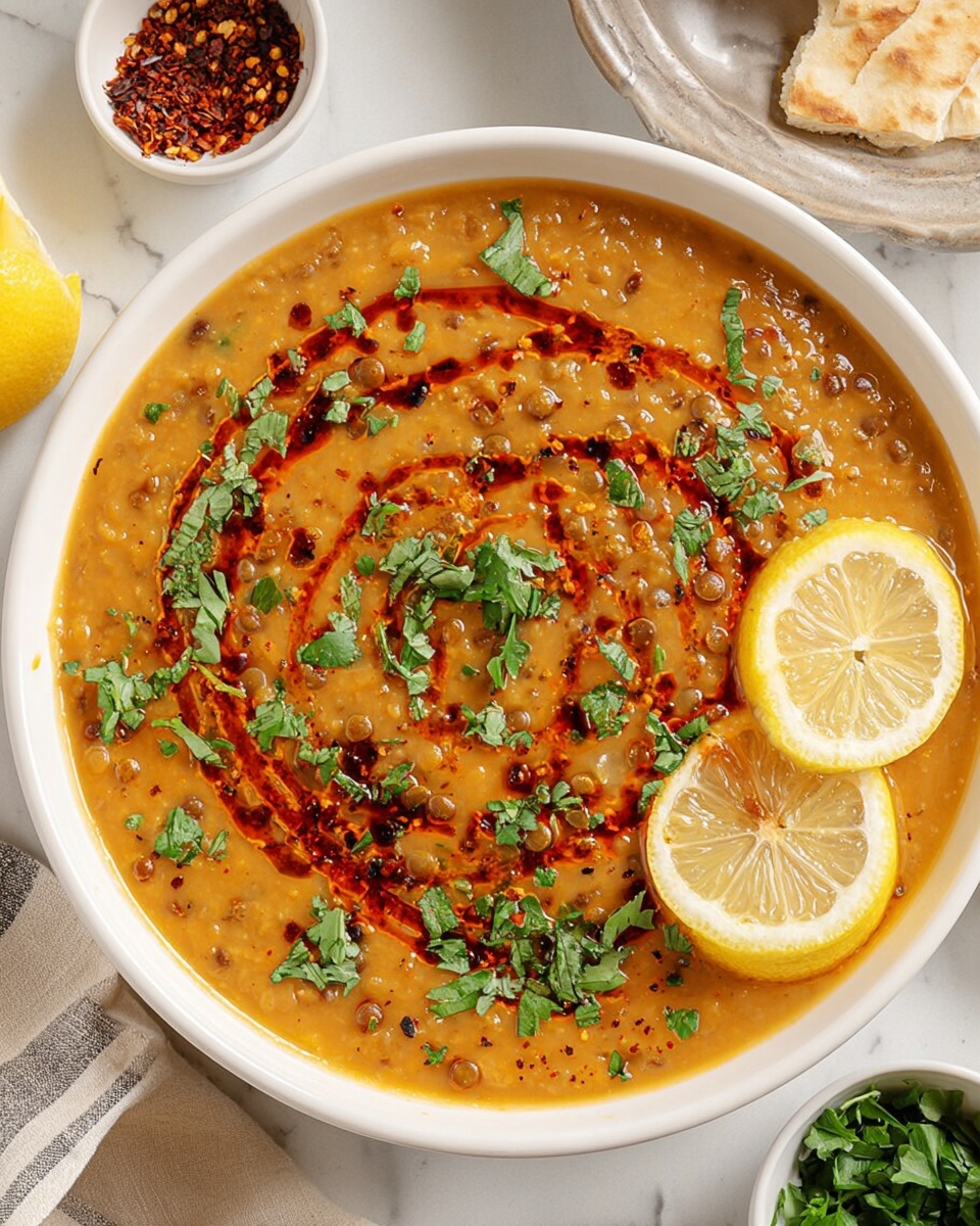Large white serving bowl filled with a generous, hearty batch of creamy lentil soup, richly textured and topped with a vibrant swirl of smoky red chili oil, fresh chopped cilantro scattered across the surface, and two bright lemon wedges resting on the side, presented with small bowls of crushed red pepper and chopped herbs around it, all photographed from a professional 3/4 angle on a white marble countertop with natural lighting, capturing the whole dish in an appetizing and elegant food magazine style hero shot, photo taken with an iphone --ar 4:5 --v 7