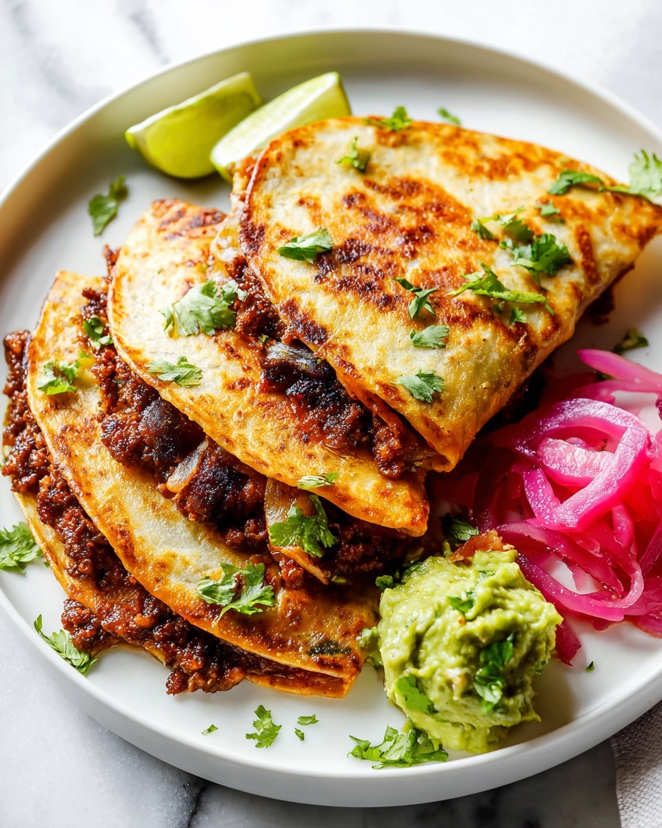 Large white rectangular baking tray lined with parchment paper filled with several fully folded, crispy birria tacos, beautifully browned and slightly charred on the edges, garnished with freshly chopped cilantro and accompanied by lime wedges on the side, with bowls of pickled onions and creamy guacamole nearby, shot from a 3/4 angle on a white marble countertop under natural lighting, styled as a hero food magazine photo taken with an iphone --ar 4:5 --v 7