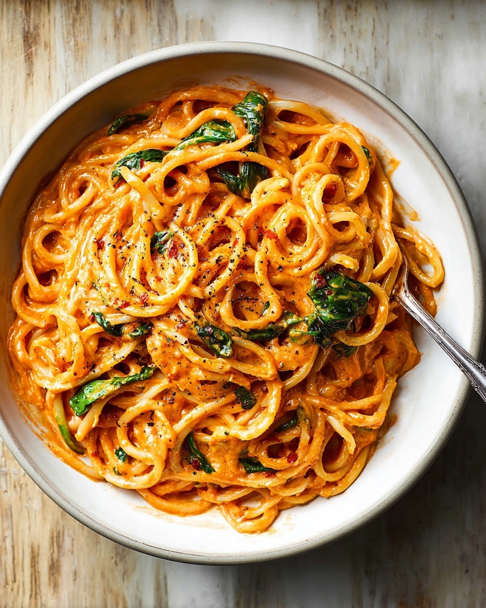 Large white serving bowl filled with creamy tomato pasta coated in a rich, smooth orange-red sauce, generously tossed with fresh spinach leaves and speckled with cracked black pepper, showcasing thick, perfectly cooked noodles swirling in the sauce, whole dish photographed from a professional 3/4 angle on a white marble countertop with natural lighting, styled like a hero shot from a food magazine, photo taken with an iphone --ar 4:5 --v 7