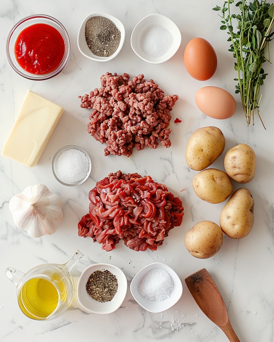 Single white plate showcasing one generous portion of crispy golden roasted potato chunks mixed with seasoned ground beef and melted cheddar cheese, close-up angled view emphasizing the browned edges of the potatoes and the rich, juicy texture of the beef with finely chopped parsley sprinkled on top, placed on a white marble surface, natural lighting capturing the warmth and aroma, styled like a food blog serving ready to eat, photo taken with an iphone --ar 4:5 --v 7